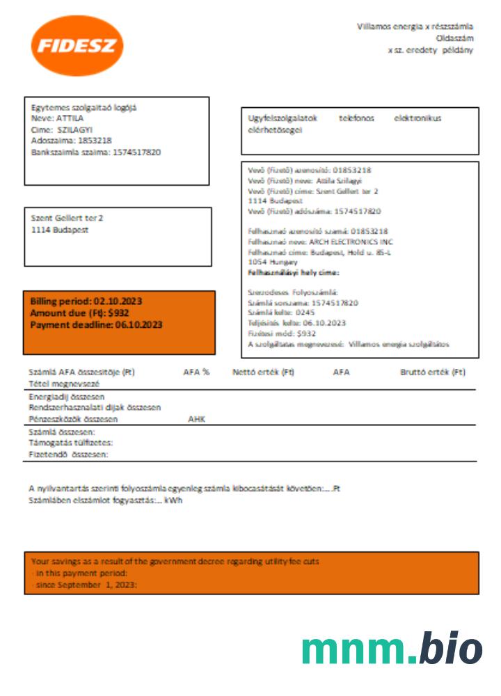 FIDESZ easy to fill rachunek za usługi komunalne